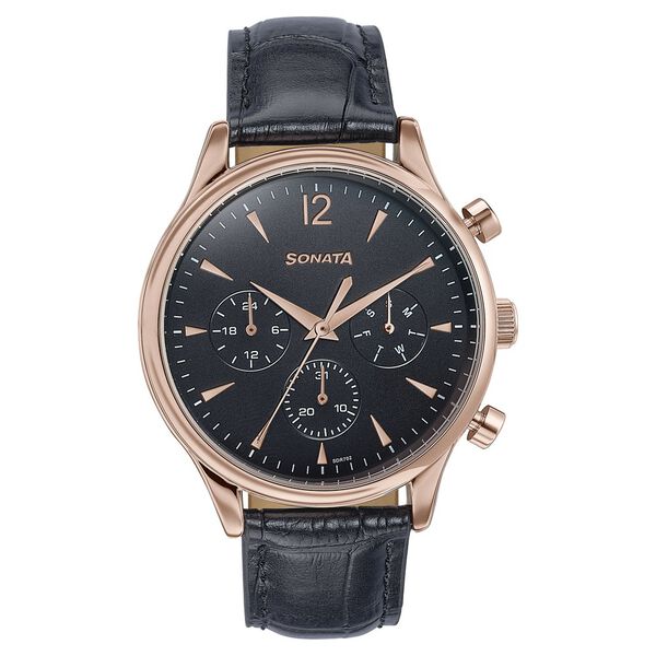 Sonata Wedding Edit Quartz Multifunction Black Dial Leather Strap Watch For Men - image number 0