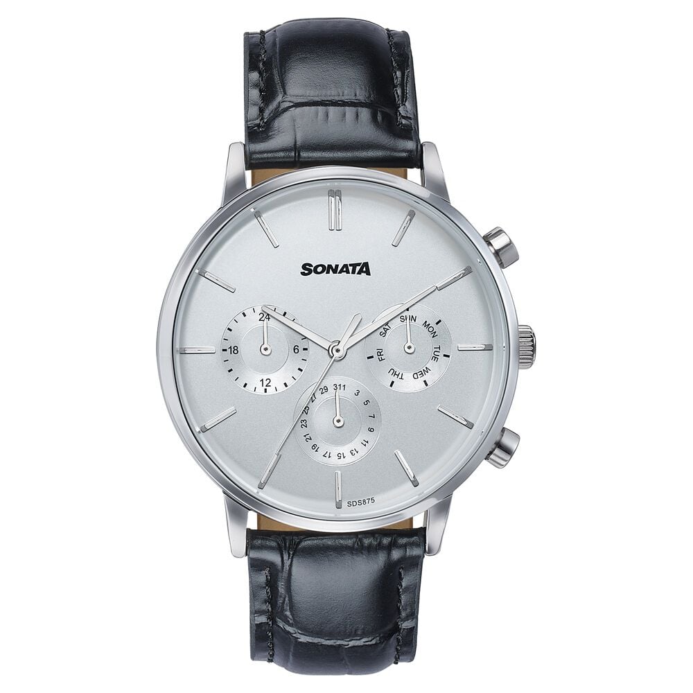 Sonata Festive Quartz Multifunction Silver Dial Black Leather Strap Watch For Men-picture-32