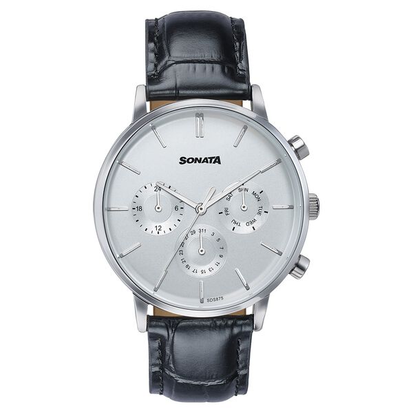 Sonata Festive Quartz Multifunction Silver Dial Black Leather Strap Watch For Men - image number 0
