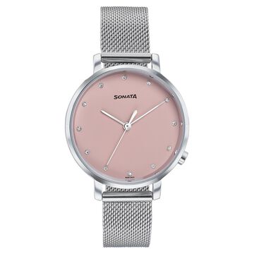 Sonata Elegent Essentials Quartz Analog Pink Dial Stainless Steel Strap Watch For Women
