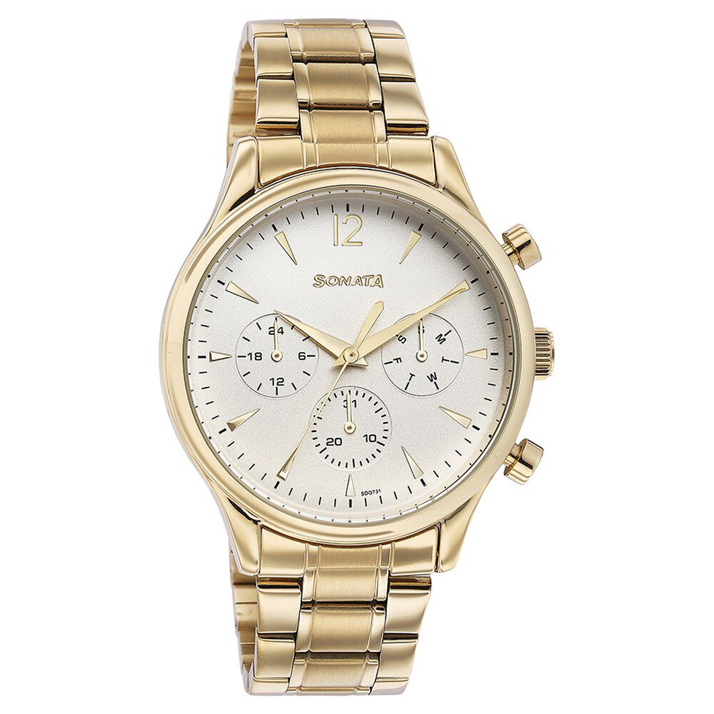 Buy Online Sonata Quartz Multifunction White Dial Golden Stainless Steel Strap Watch For Men 77146ym01 Sonata