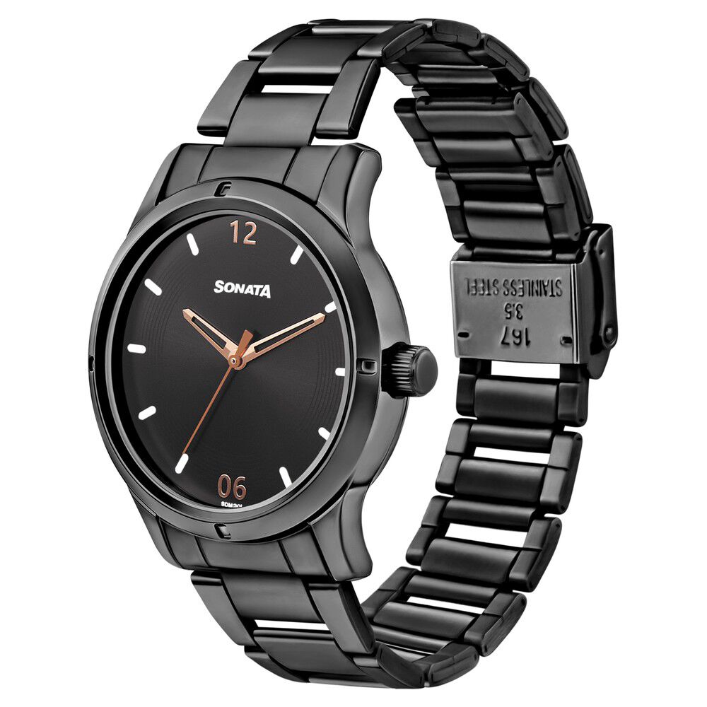 Sonata black stainless steel watch outlet