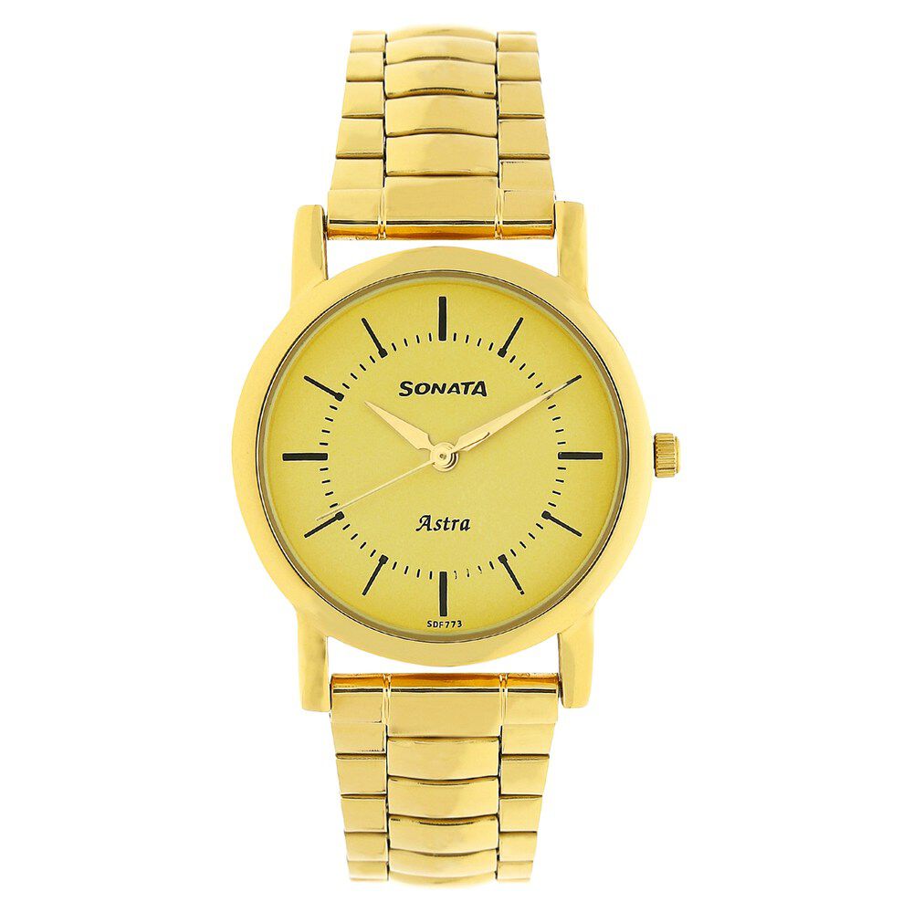 Sonata Quartz Analog Champagne Dial Stainless Steel Strap Watch