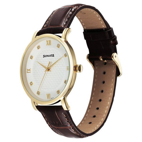 Sonata Wedding Quartz Analog Off White Dial Leather Strap Watch For Men - image number 2