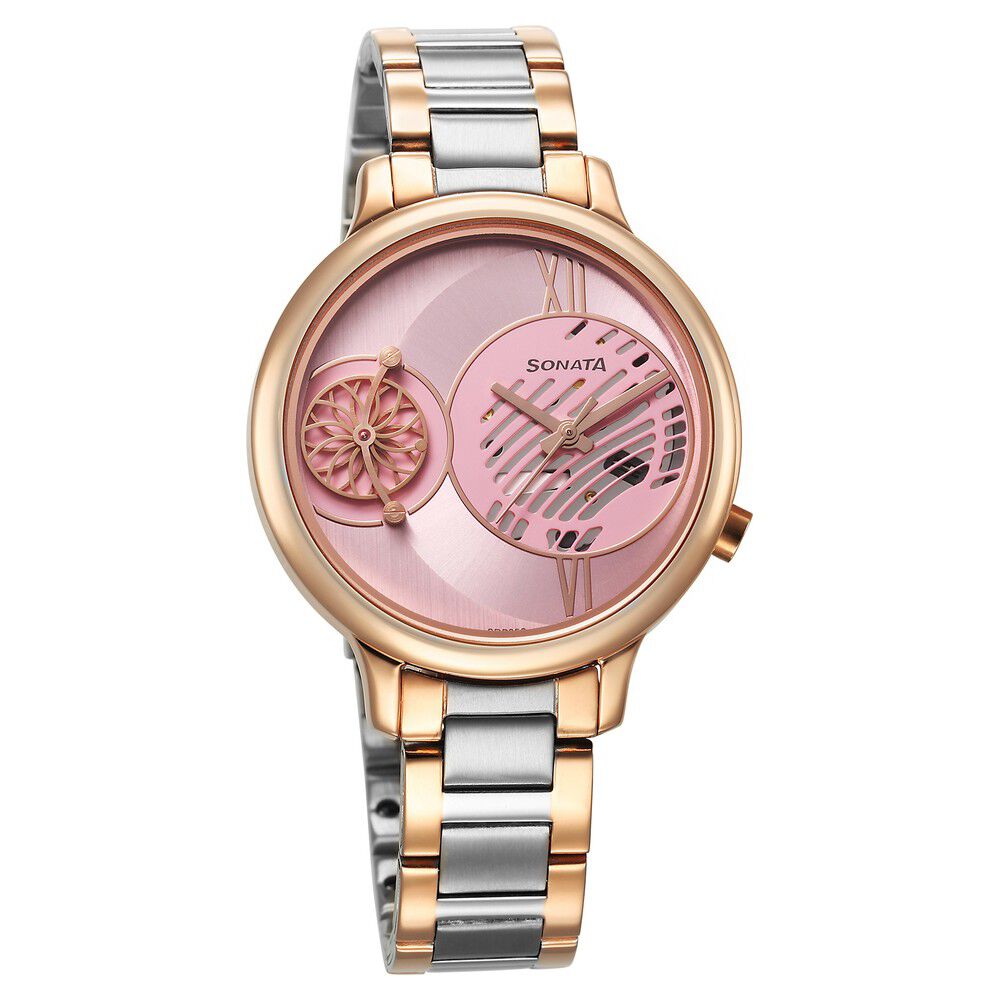 Buy Online Sonata Unveil Quartz Analog Pink Dial Metal Strap Watch