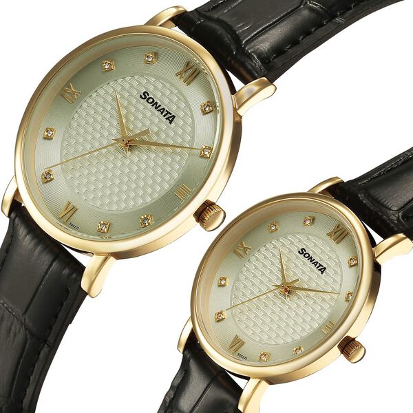Sonata Perfect Pairs Quartz Analog Green Dial Black Leather Strap Watch For Couple - image number 2
