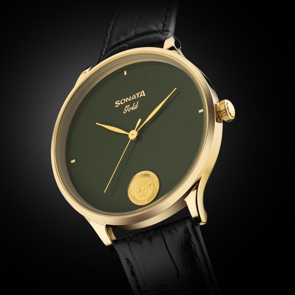 Sonata Gold Quartz Analog Sacred Forest Green With Gold Coin Dial Black Leather Strap Watch For Men - image number 1