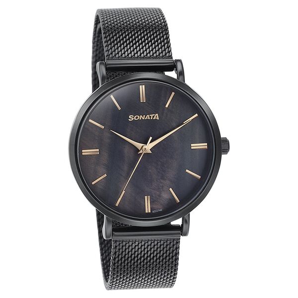 Sonata Quartz Analog Black Dial Black Stainless Steel Strap Watch For Women - image number 2