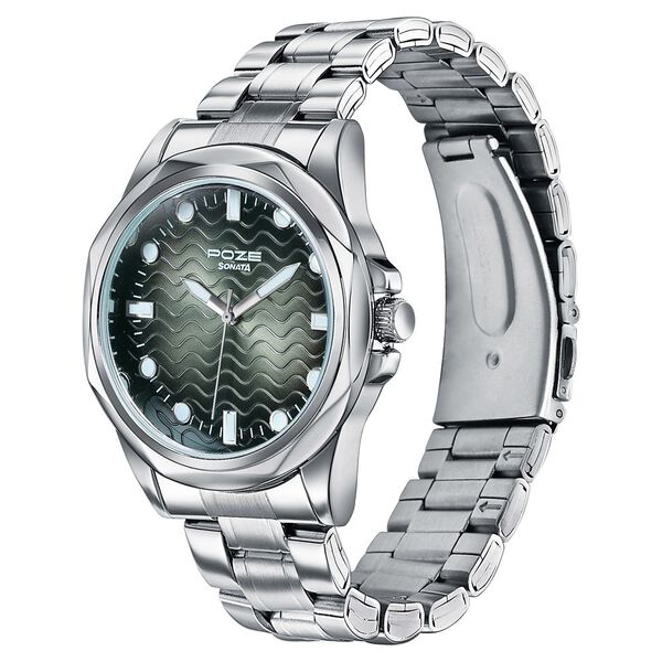 Poze By Sonata Quartz Analog Green Dial Silver Metal Strap Watch For Men - image number 4