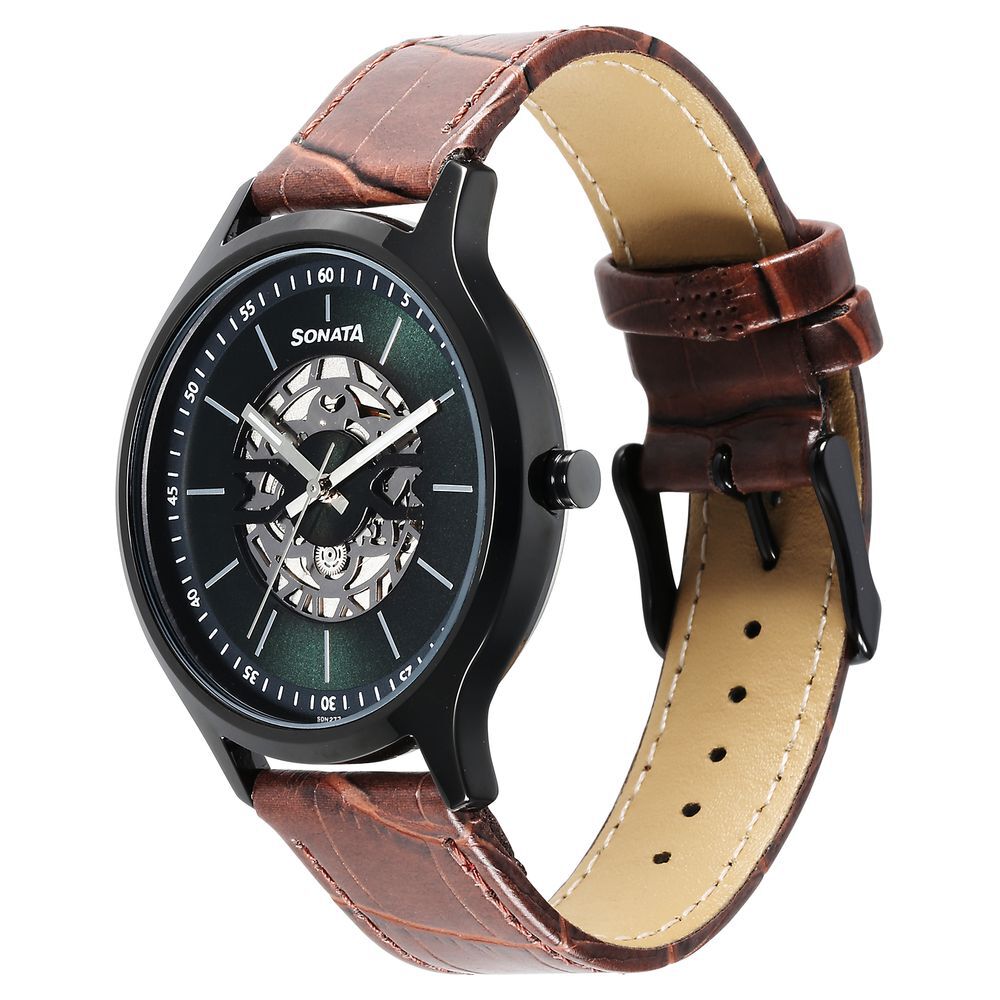 Buy Online Sonata Unveil Quartz Multifunction Green Dial Leather Strap Watch for Men 7140nl06 Sonata