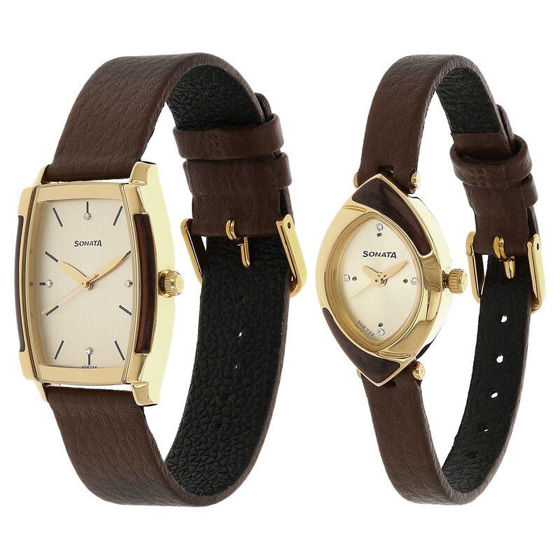 Sonata Quartz Analog Champagne Dial Leather Strap Watch for Couple - image number 1