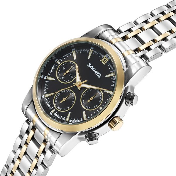 Sonata Wedding Multifunction Black Dial Stainless Steel Strap Watch For Men - image number 1