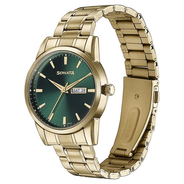 Sonata Quartz Analog with Day and Date Green Dial Golden Stainless Steel Strap Watch For Men - image number 3