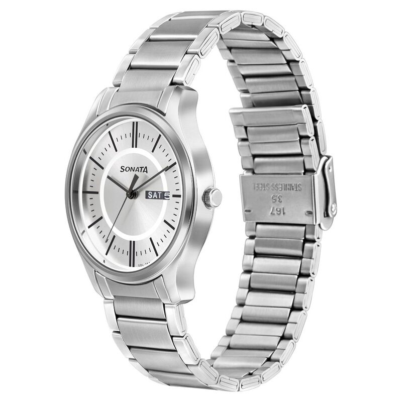 Sonata Quartz Analog with Day and Date Silver Dial Stainless Steel Strap  Watch for Men