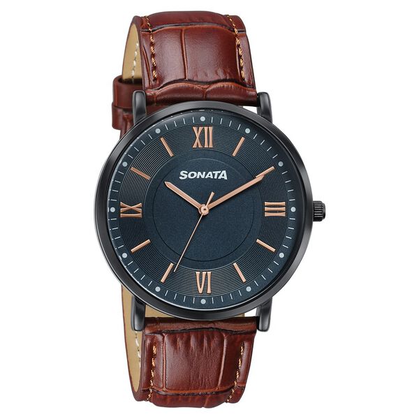 Sonata Verve Quartz Analog Black Dial Brown Leather Strap Watch For Men - image number 1