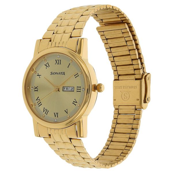Sonata Quartz Analog with Day and Date Champagne Dial Stainless Steel Strap Watch for Men - image number 1