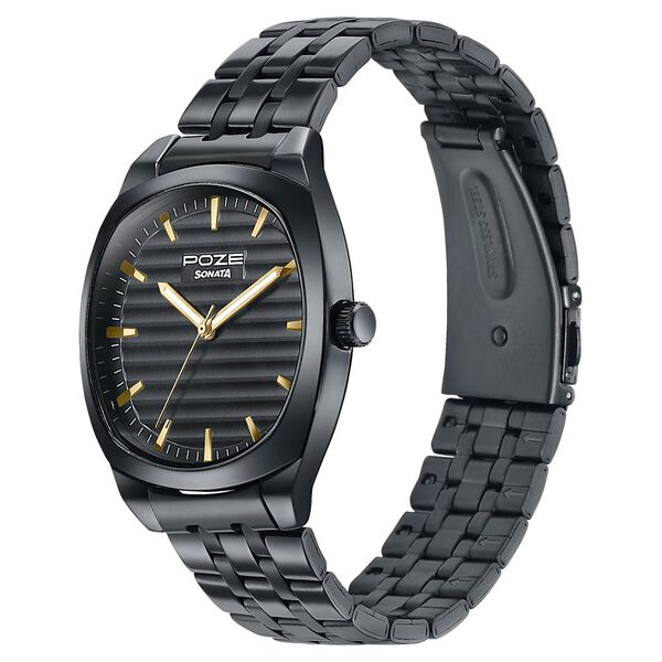 Poze By Sonata Quartz Analog Black Dial Black Metal Strap Watch For Men - image number 4