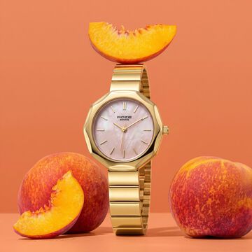 Poze Poze Quartz Analog Pink Dial Golden Stainless Steel Strap Watch For Women