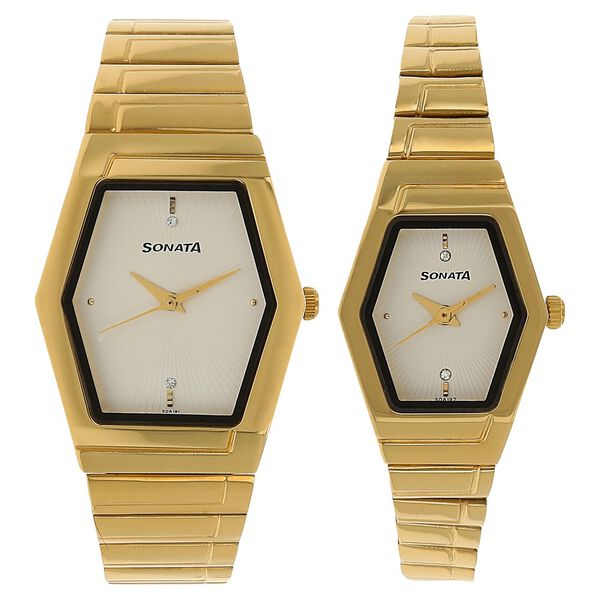 Sonata Quartz Analog White Dial Stainless Steel Strap Watch for Couple - image number 0