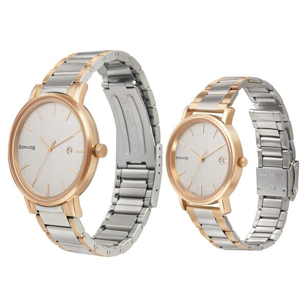 Sonata Quartz Analog with Date White Dial Metal Strap Watch for Couple - image number 1