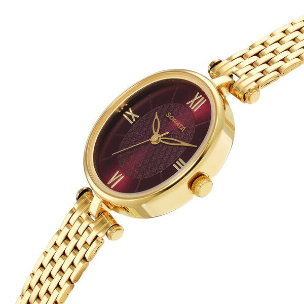 Sonata Classic Gold Maroon Dial Metal Strap Watch for Women - image number 2