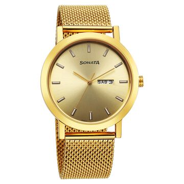 Sonata Utsav Quartz Analog with Day and Date Champagne Dial Stainless Steel Strap Watch for Men