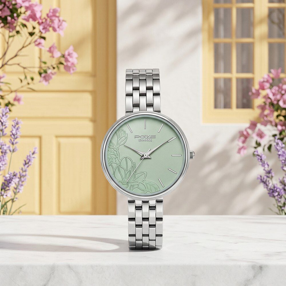 sonata Poze Poze Quartz Analog Green Dial Silver Metal Strap Watch For Women-picture-25