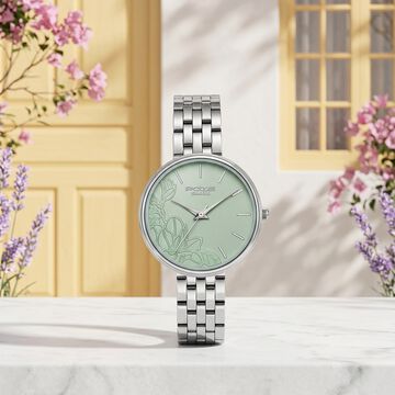 Poze Poze Quartz Analog Green Dial Silver Metal Strap Watch For Women