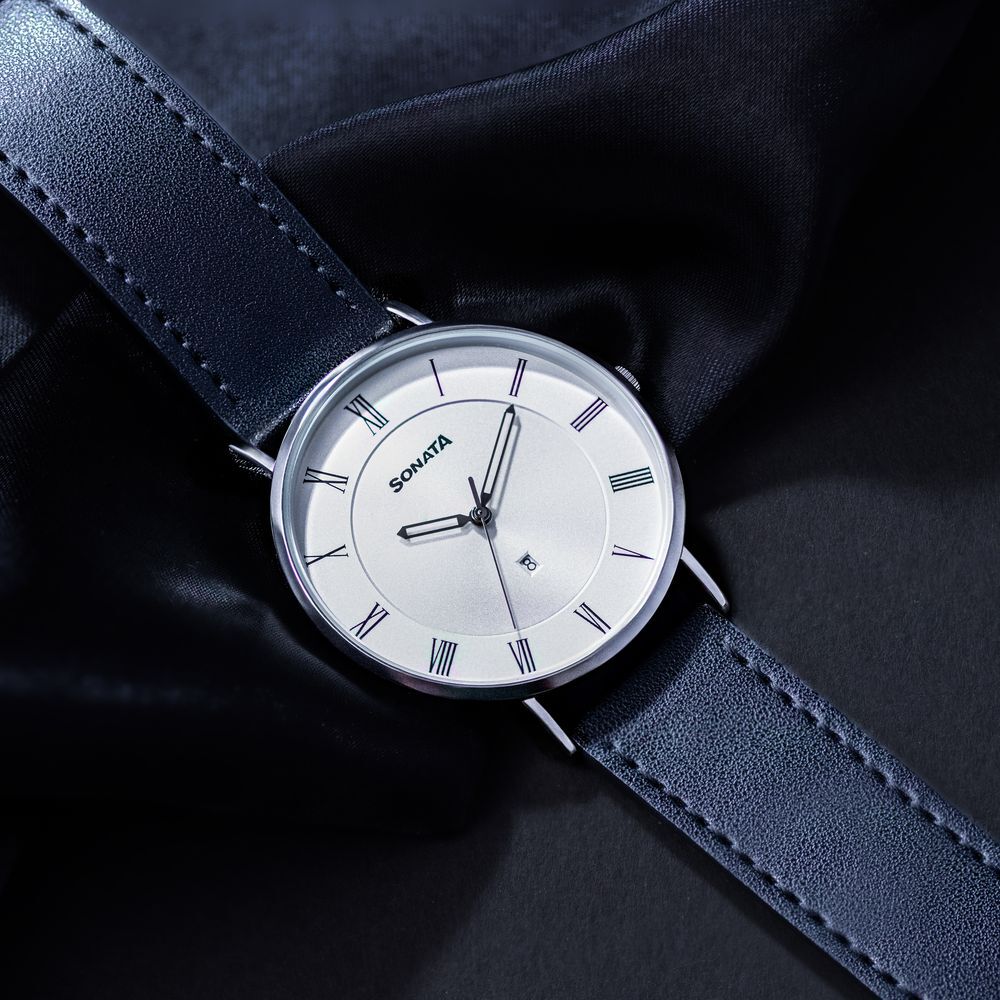 Buy Online Sonata Quartz Analog with Date Silver Dial Black Leather Strap Watch For Men 77142sl01 Sonata