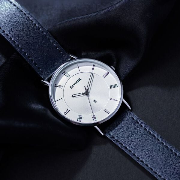 Sonata Quartz Analog with Date Silver Dial Black Leather Strap Watch For Men - image number 0