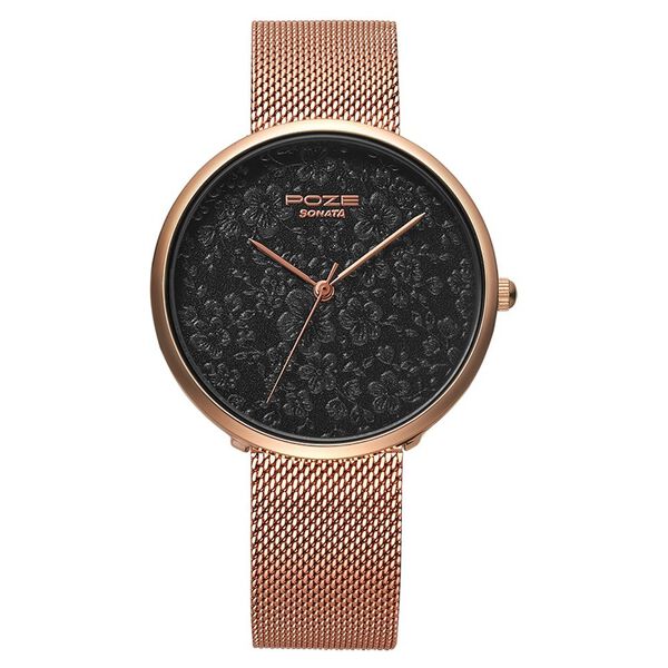 Poze by Sonata Quartz Analog Black Dial Stainless Steel Strap Watch for Women - image number 0