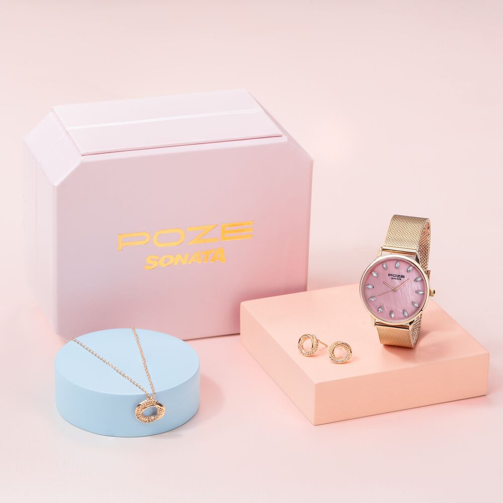 Buy Online Sonata Poze Quartz Analog Pink Dial Metal Strap Watch
