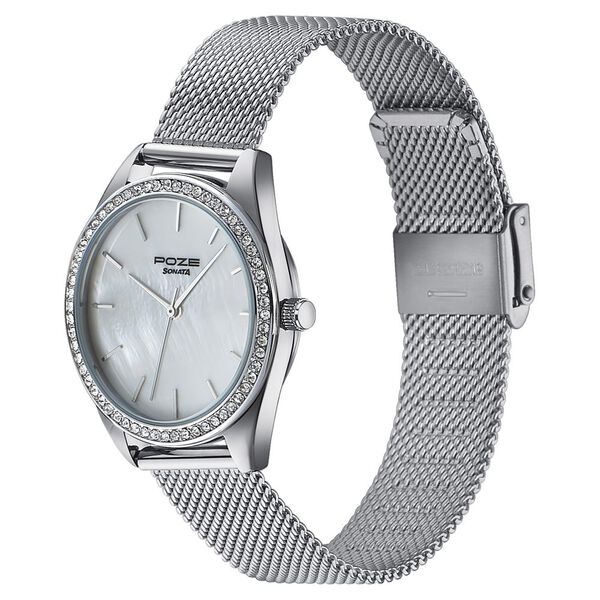 Sonata Poze Quartz Analog Mother of Pearl Dial Silver Color Stainless Steel Strap Watch For Women - image number 3