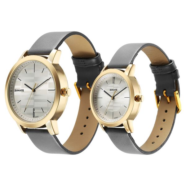Sonata Alloy Pairs Quartz Analog Silver Leather Strap for Couple - image number 1