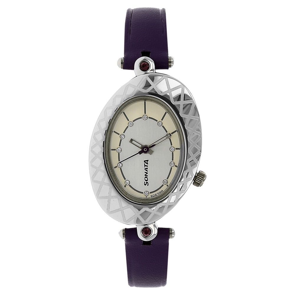 Buy Online Sonata Quartz Analog Silver Dial Leather Strap Watch