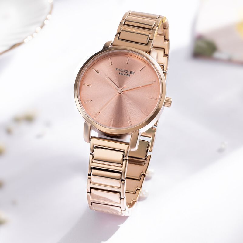 Sonata Poze Quartz Analog Pink Dial Metal Strap Watch for Women