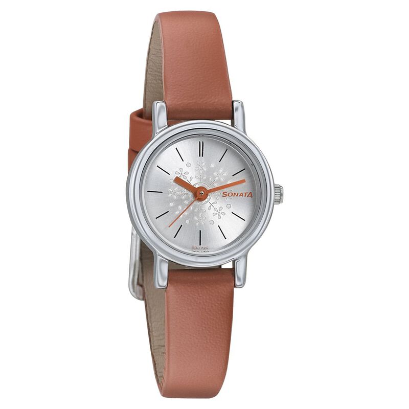 Sonata Floral Folkart Silver Dial Women Watch With Leather Strap - image number 0