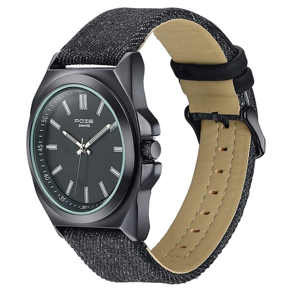Sonata Poze Quartz Analog Black Dial Black Denim Leather Strap Watch For Men - image number 4