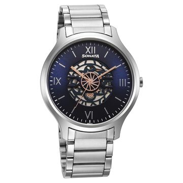 Sonata Unveil Quartz Multifunction Blue Dial Stainless Steel Strap Watch for Men