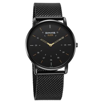 Sonata Sleek Quartz Analog Black Dial Black Stainless Steel Strap Watch For Men