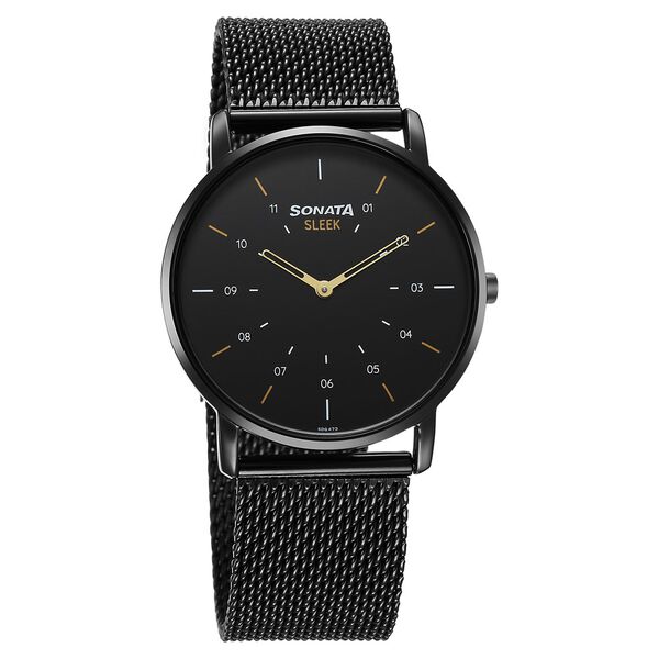 Sonata Sleek Quartz Analog Black Dial Black Stainless Steel Strap Watch For Men - image number 0