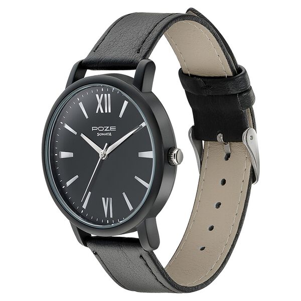 Sonata Poze Quartz Analog Black Dial Leather Strap Watch for Men - image number 3