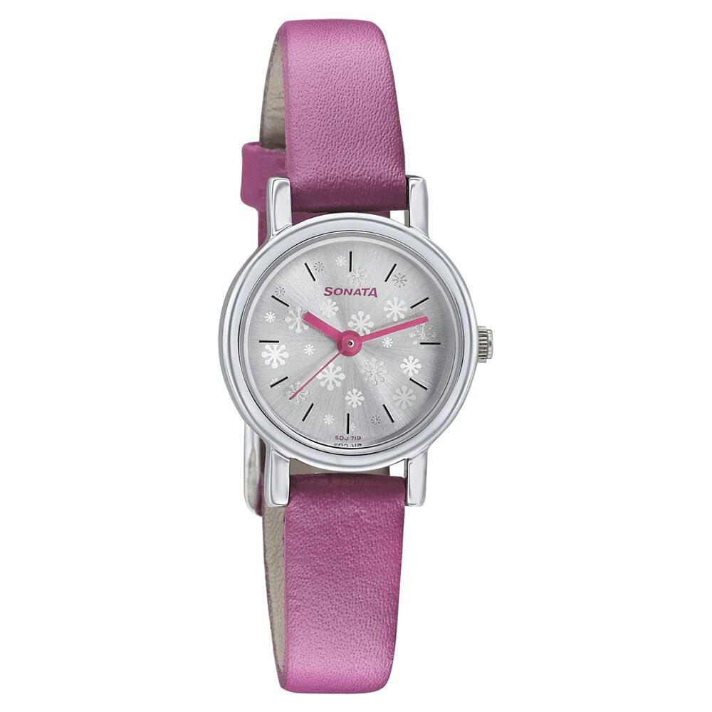 Sonata Floral Folkart Silver Dial Women Watch With Leather Strap