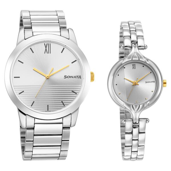 Sonata Quartz Analog Silver Dial Stainless Steel Strap Watch for Couple - image number 0
