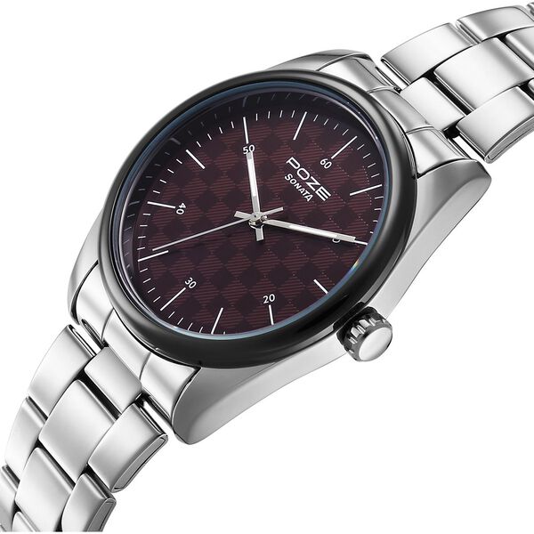 Poze By Sonata Quartz Analog Burgundy Dial Silver Stainless Steel Strap Watch For Men - image number 4