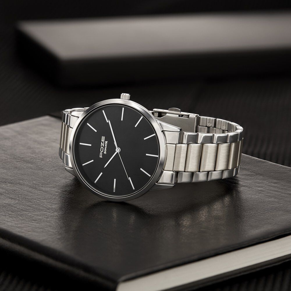 Silver watch black dial hotsell