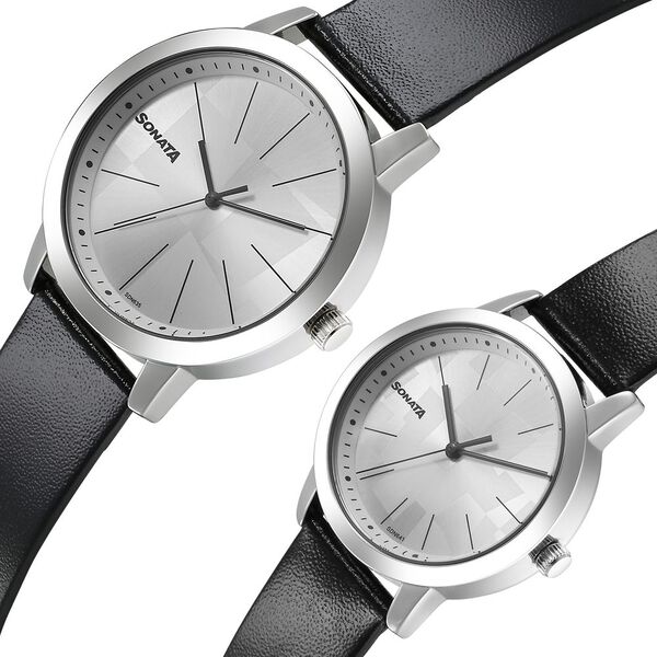 Sonata Pairs Quartz Analog Silver Dial Leather Strap Watch for Couple - image number 1