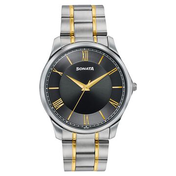 Sonata Traditional Essentials Black Dial Silver & Gold-Tone Stainless Steel Strap Watch