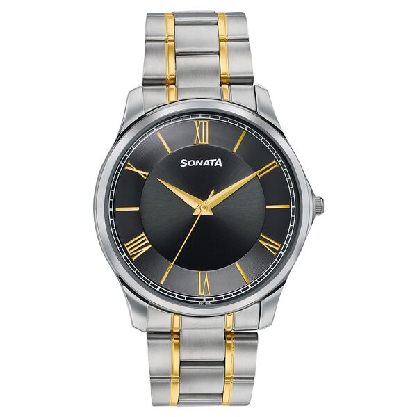 Sonata Traditional Essentials Black Dial Silver & Gold-Tone Stainless Steel Strap Watch - image number 0