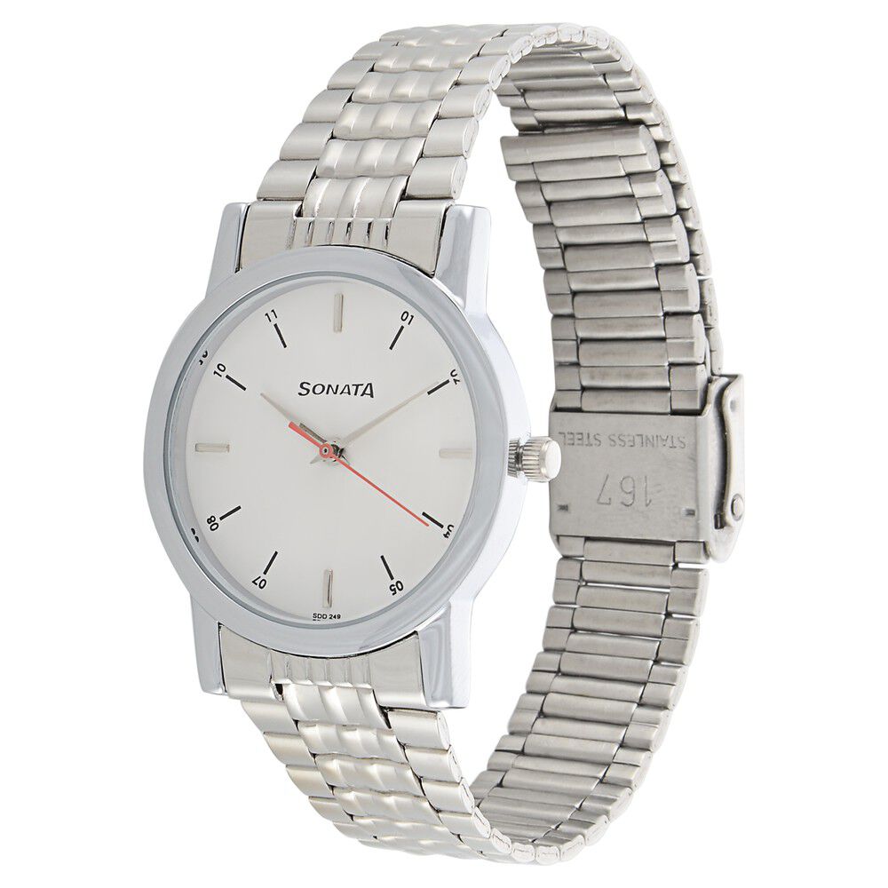 Sonata Quartz Analog White Dial Stainless Steel Strap Watch for Men